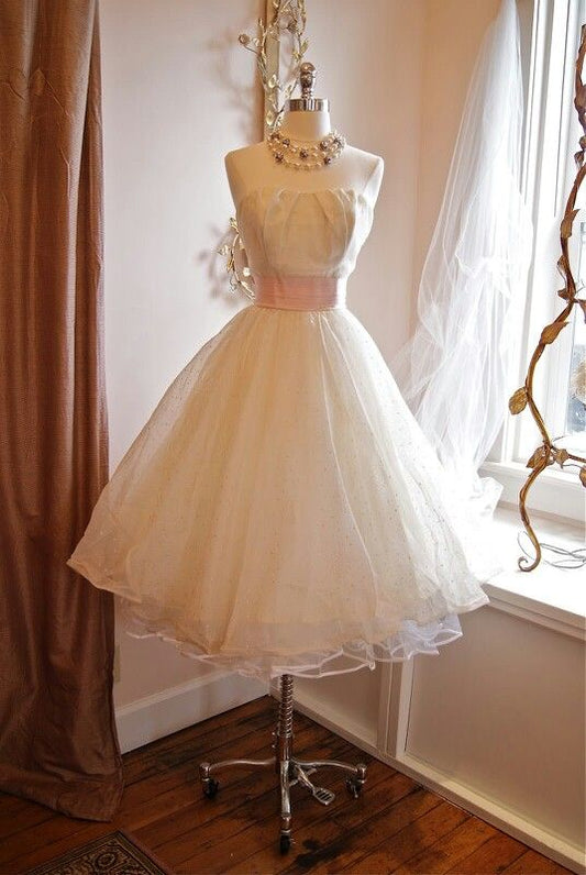 NiceVestidos--Pink Ribbon White Short Tulle Midi/Crop Homecoming Dress Nv5595