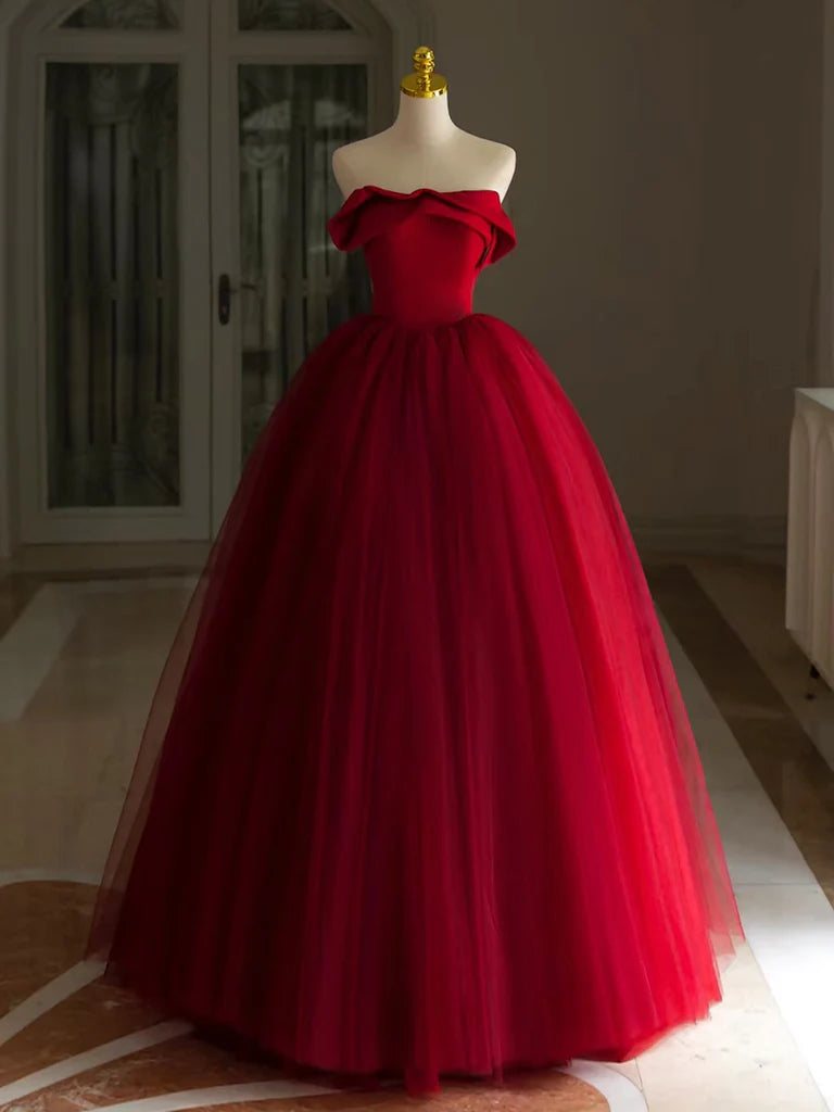 A-Line Tulle Burgundy Long Prom Dress, Burgundy Long Formal Dress nv1681