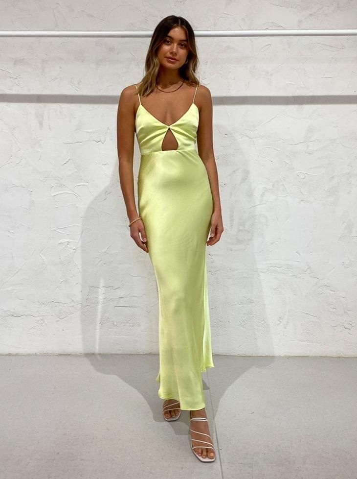 Yellow Green Spaghetti Strap Hollow Satin Ball Gown Evening Dress Party Dress nv1849