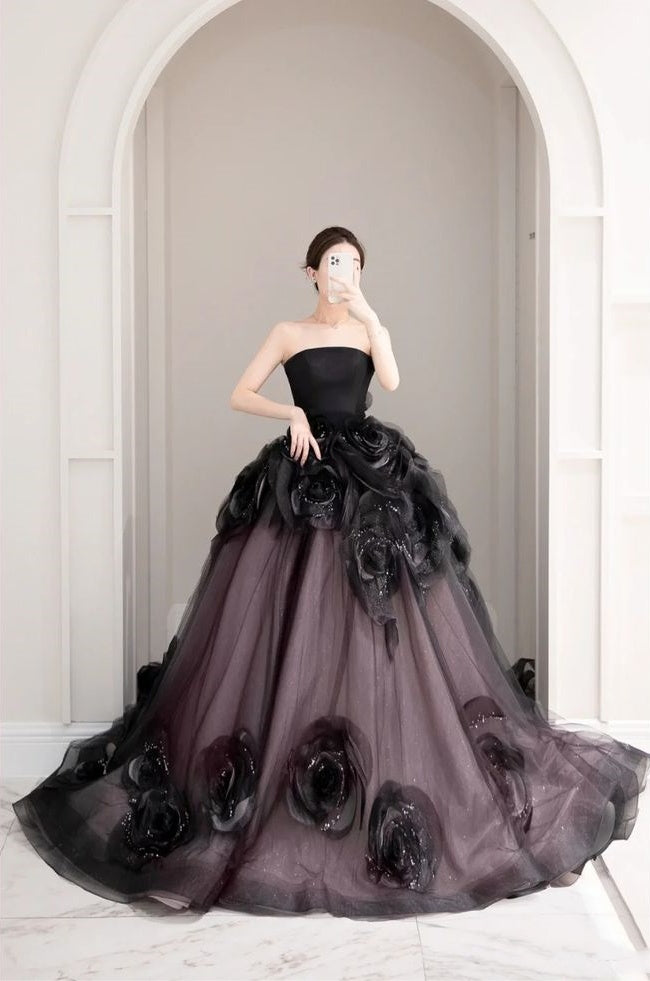 Black gorgeous exquisite floral elegant long tulle ball gown evening dress wedding dress nv3378