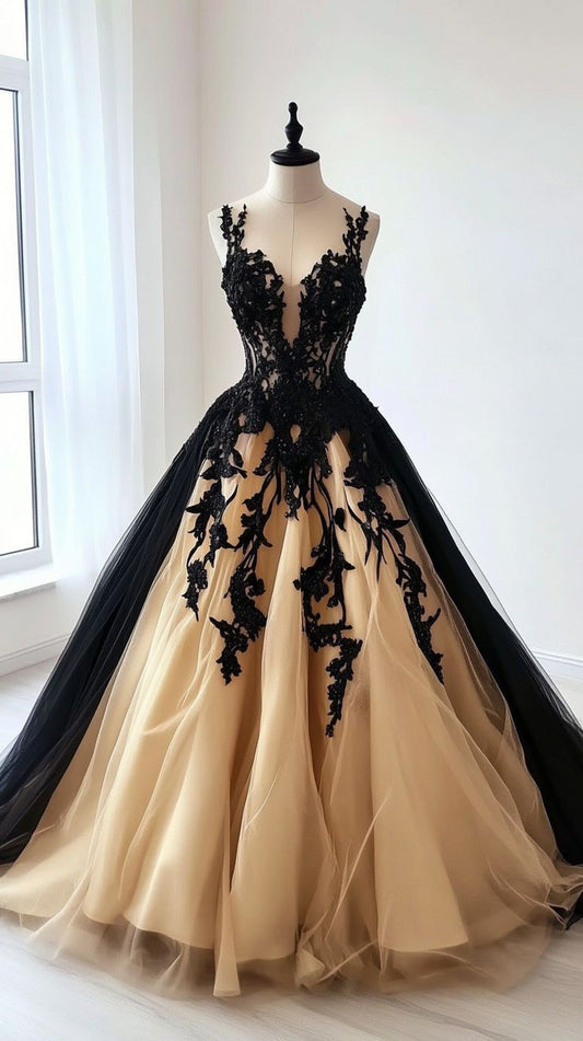 Wedding Dress Dark Luxury Style Lace Spaghetti Strap Gown | Black Tulle x Nude Tulle Ballgown Maxi Dress for Gala Ball Retro Theme Party NV6260