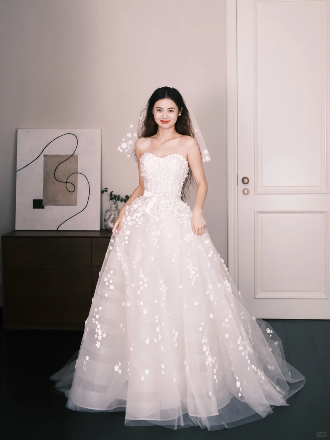 Strapless Sweetheart 3D Flower A Line Wedding Gown with Bow Sash  NV7345