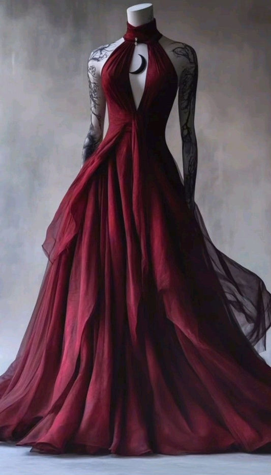 NiceVestidos-Burgunderrotes Tüll-Neckholderkleid mit Mondverzierungen, bodenlang, dunkelromantisch NV6215