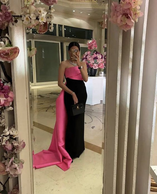 Pink Black Contrast Color Stitching Maxi Satin Long Ball Gown Evening Dress nv2736