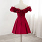 Burgundy Red A-Line Off Shoulder Satin Short Prom Gown Homecoming Dress Birthday Dress nv2115