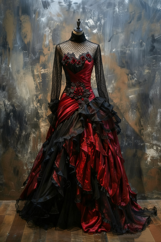 (Exclusive Original Design Dress)Red & Black Satin Lace Train Gown | Turtleneck Mesh Dark Gothic Style Theme Party Evening DressNV6322