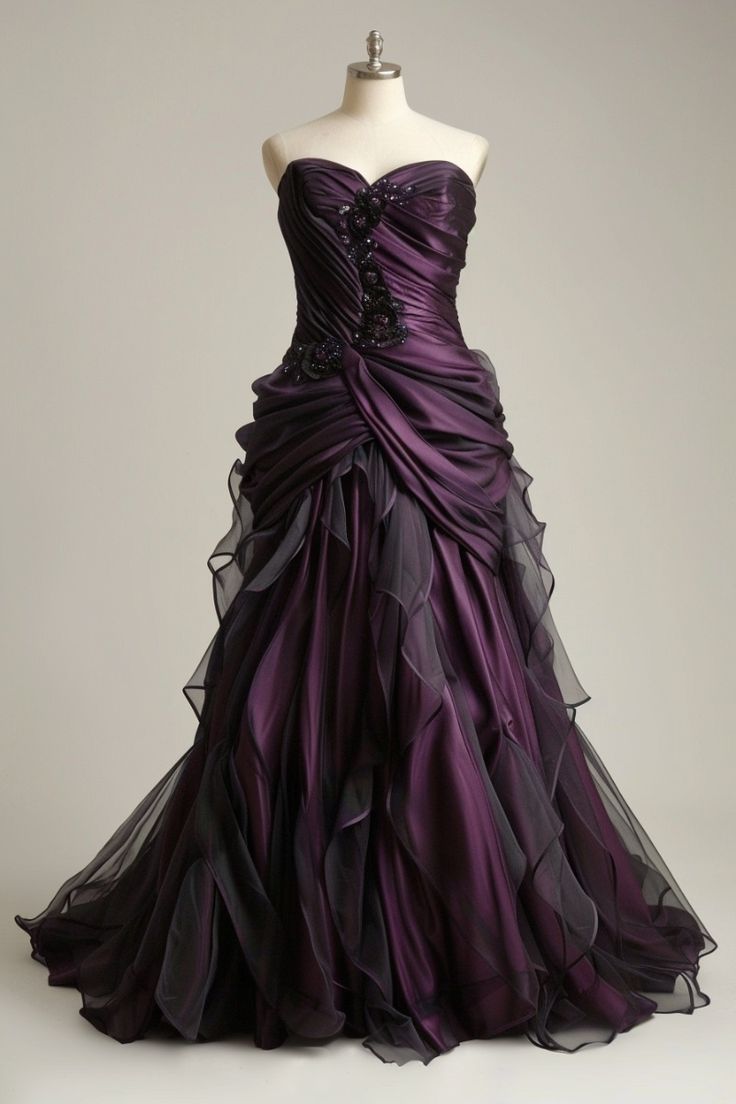 Purple gorgeous elegant delicate floral beaded long pleated satin tulle satin ball gown evening gown wedding dress nv3676