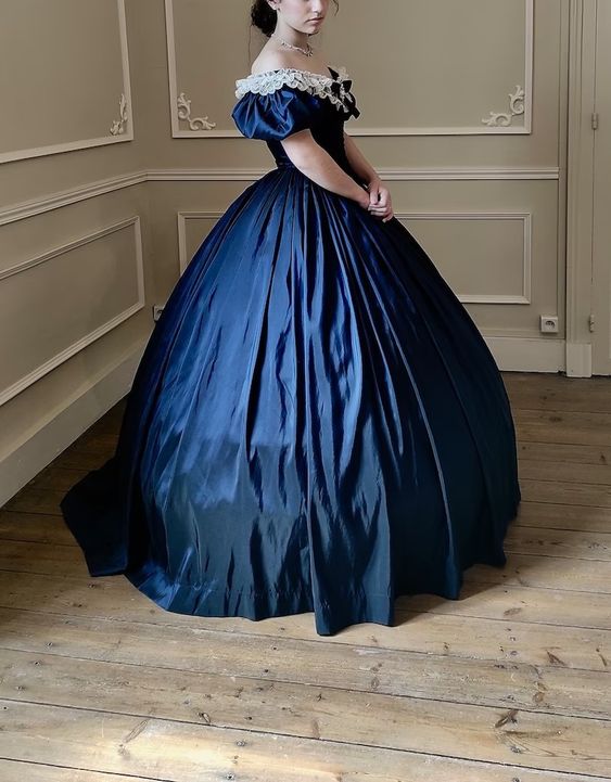 Blue taffeta vintage A-line lace collar blue bow elegant long ball gown prom dress evening gown nv2628