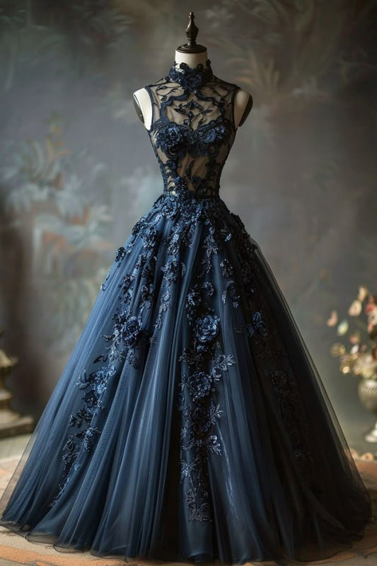 NiceVestidos-Navy Blue Tulle Stand-Collar 3D Embroidery-Embellished Floor-Length Court-Style Gown NV6212