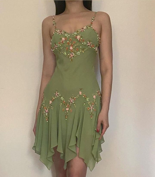 Green Vintage Floral Short Chiffon Homecoming Dress nv4475
