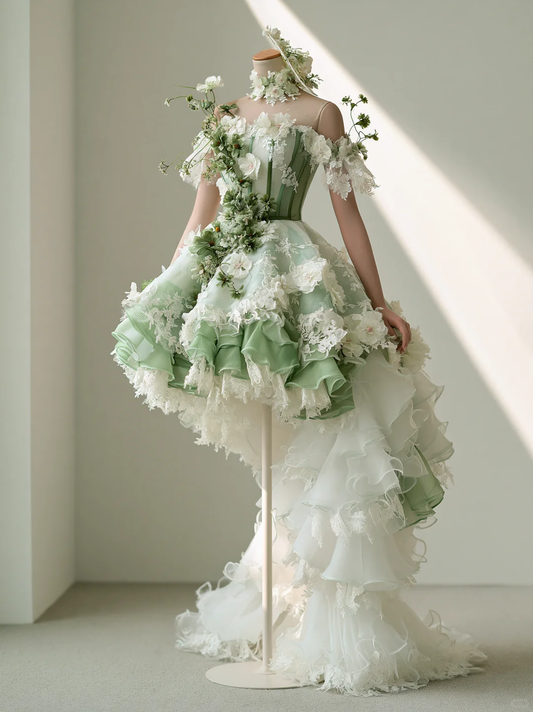 Sage Green Off Shoulder High Low 3D Floral Lace Organza Fairy Gown  NV7467