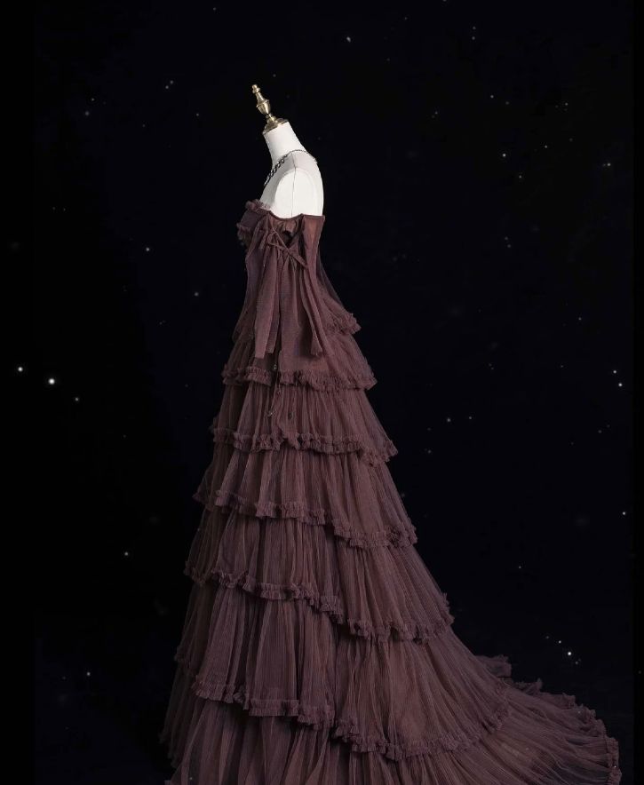 Dunkelbraunes, trägerloses Tüllkleid mit Perlenbesatz, gestufter Schleppe und Sternenhimmel-Motiv NV6229