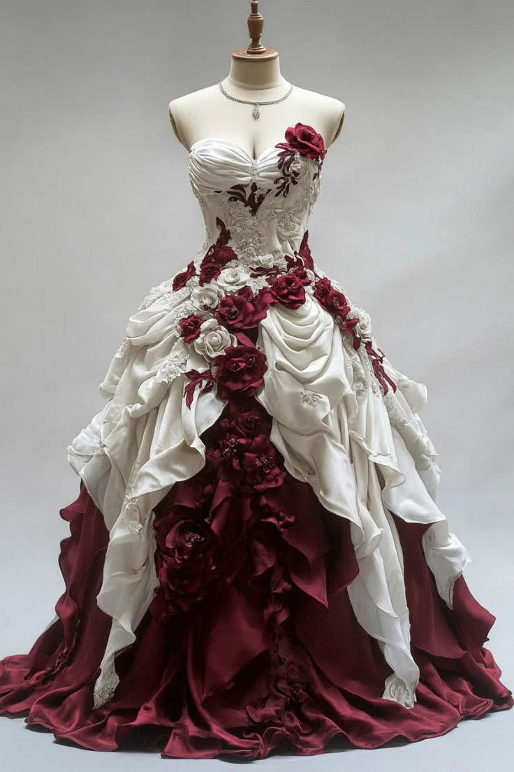 Luxuriöses, trägerloses Brautkleid in Rot-Weiß mit Rosenmuster – Hochzeits- und romantisches Abendkleid NV6394
