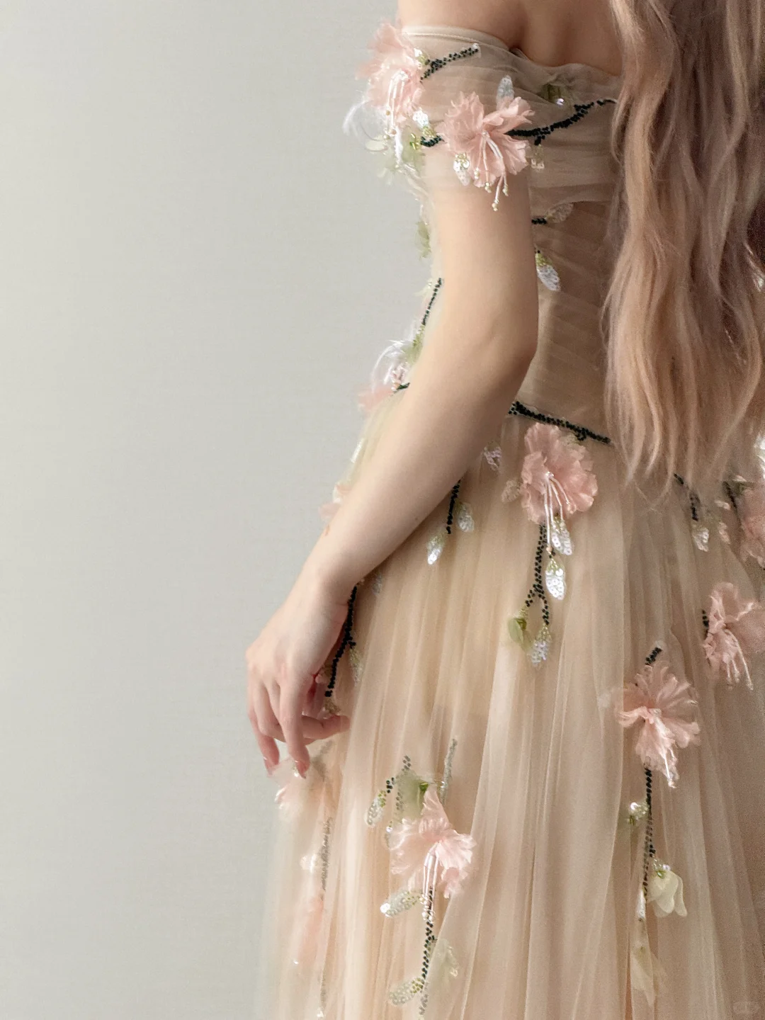Off Shoulder A-Line Tulle Prom Dress Champagne 3D Floral High Slit Gown  NV7124