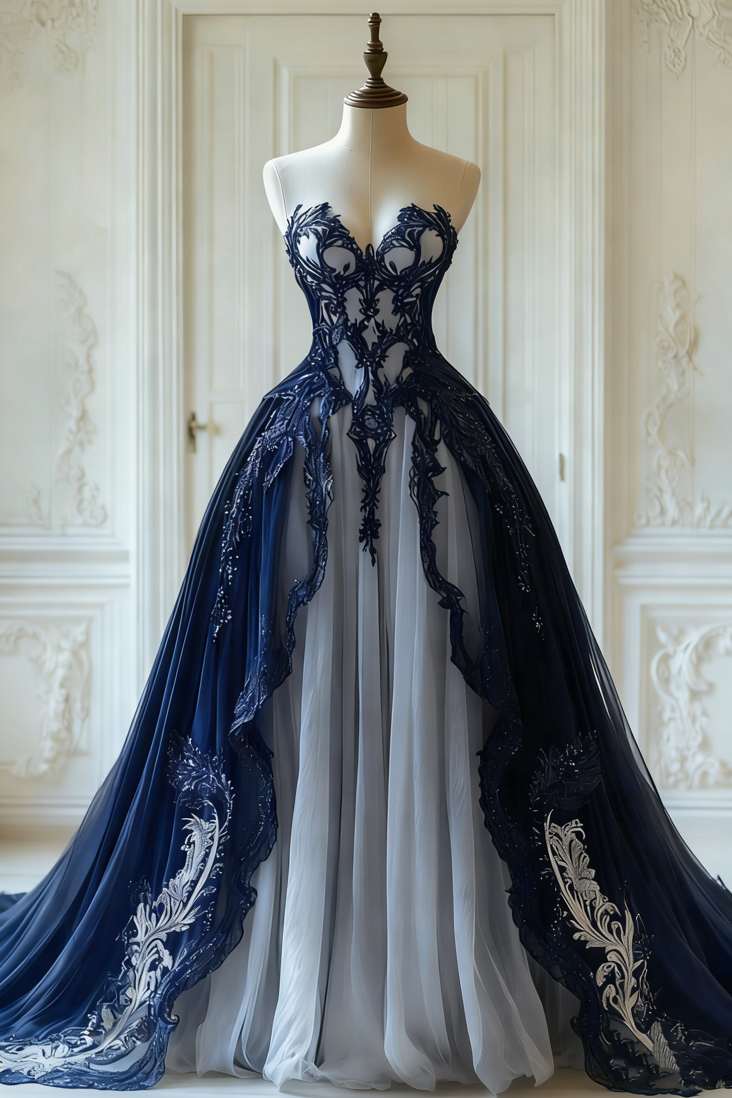 Robe gothique longue en tulle et dentelle noire et blanche à empiècements et manches papillon, modèle NV6172