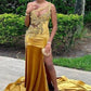 Sexy One Shoulder Beads Side Split Prom Dress Satin Long Evening Party Wear Dress nv983