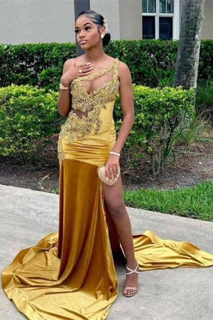 Sexy One Shoulder Beads Side Split Prom Dress Satin Long Evening Party Wear Dress nv983