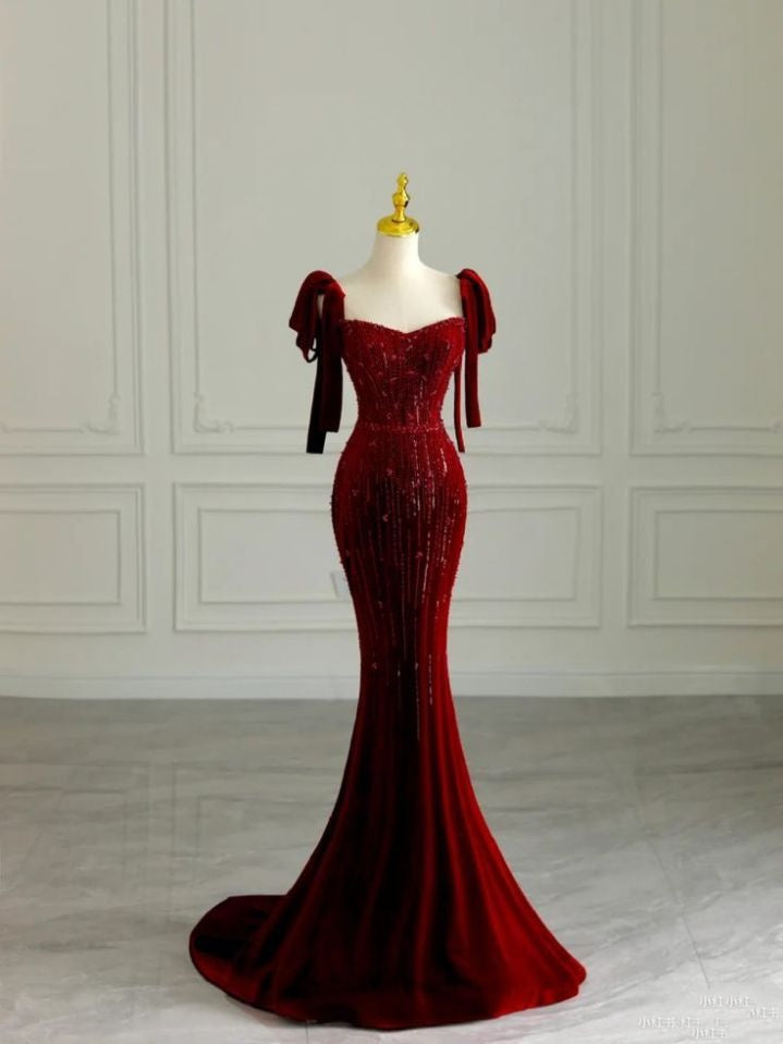 Burgundy Sequin Mermaid Bodycon Evening Dress Banquet Dress nv1962