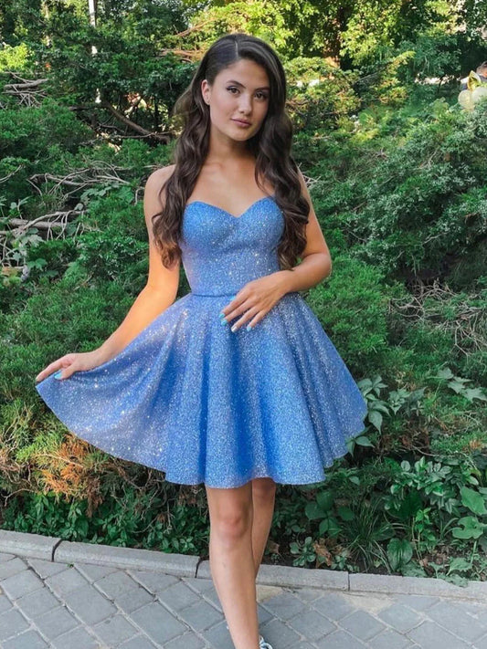 Blue sweetheart neck tulle short prom dress, blue homecoming dress nv1546