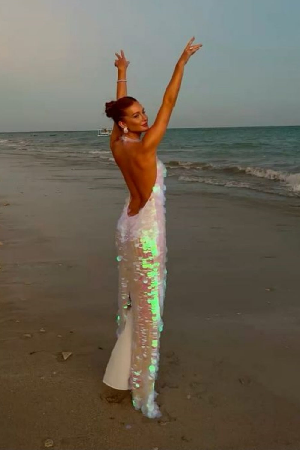 Pink shiny sequins halter back long prom dress birthday party dress nv5291