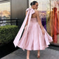 Pink Solid Sleeveless Backless Satin Bow Sweetheart Elegant A-Line Midi Ankle Length Evening Dress Wedding Guest Dress Homecoming Dress nv2512