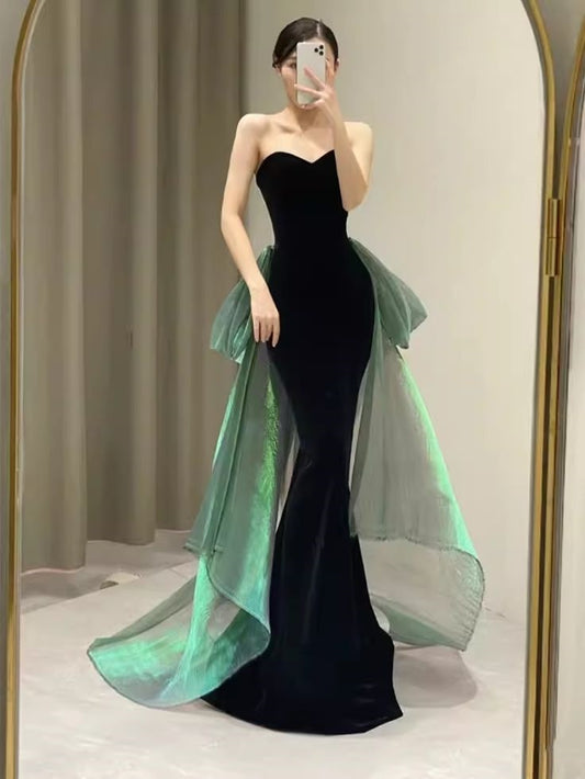 Black Sexy Elegant Off Shoulder Mermaid Long Velvet Ball Gown with Sleeves Evening Dress Party Dress nv2326