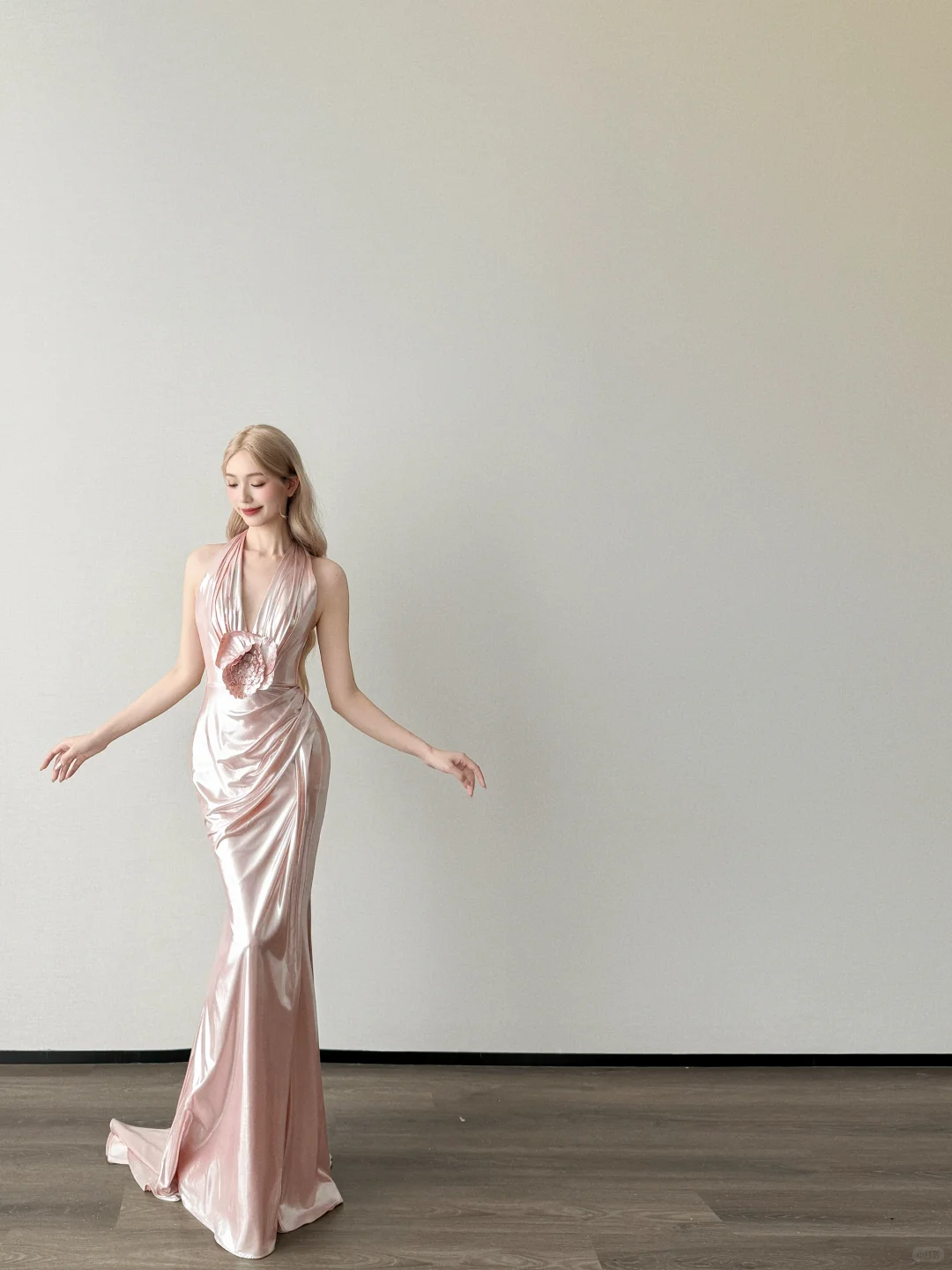 Halter Deep V Mermaid Prom Dress Rose Pink Liquid Satin Gown  NV7123