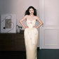 Sweetheart Strapless Yellow Satin Midi Dress, Bow Detail Formal Evening Gown  NV7355