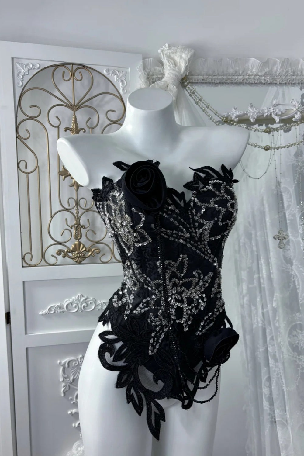 Luxury Beaded Strapless Train Gown - Dark Courtly 3D Rose Evening Ball Gown NV6843