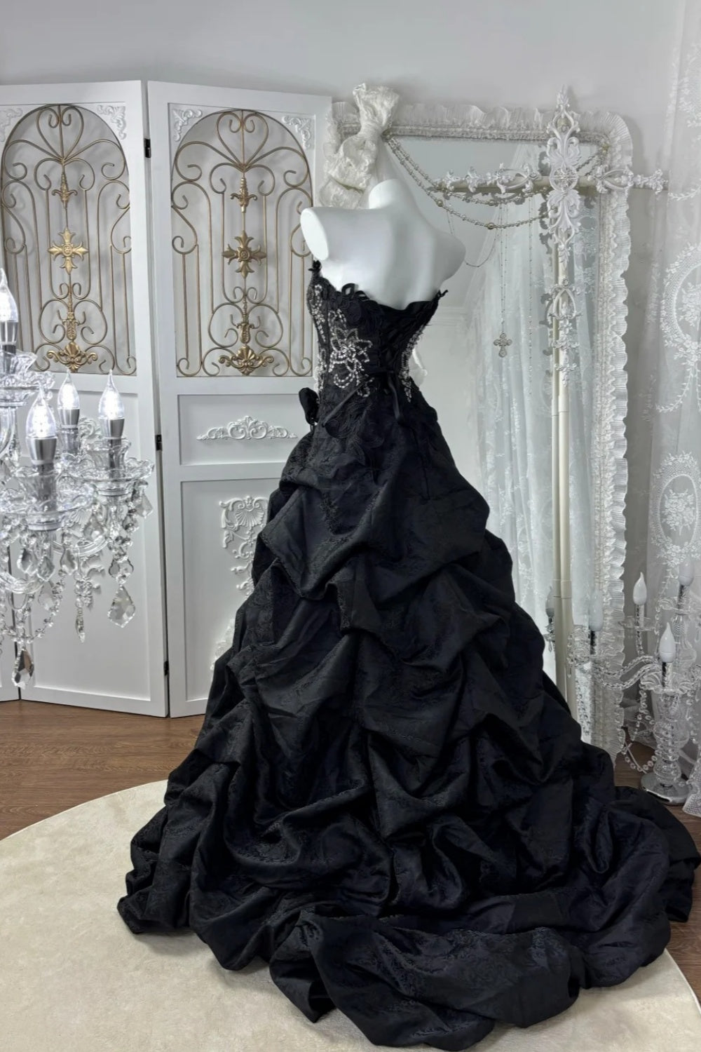 Luxury Beaded Strapless Train Gown - Dark Courtly 3D Rose Evening Ball Gown NV6843