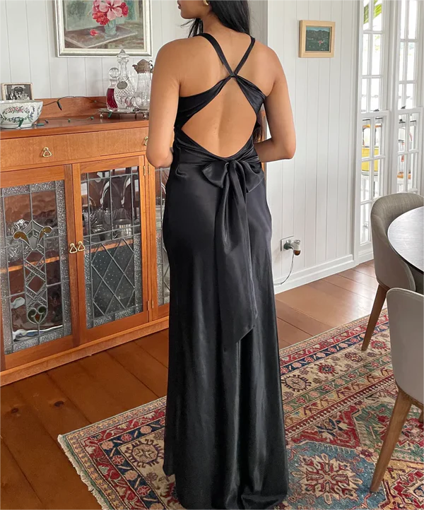 Black V-neck open back simple satin long evening gown ball gown nv2050