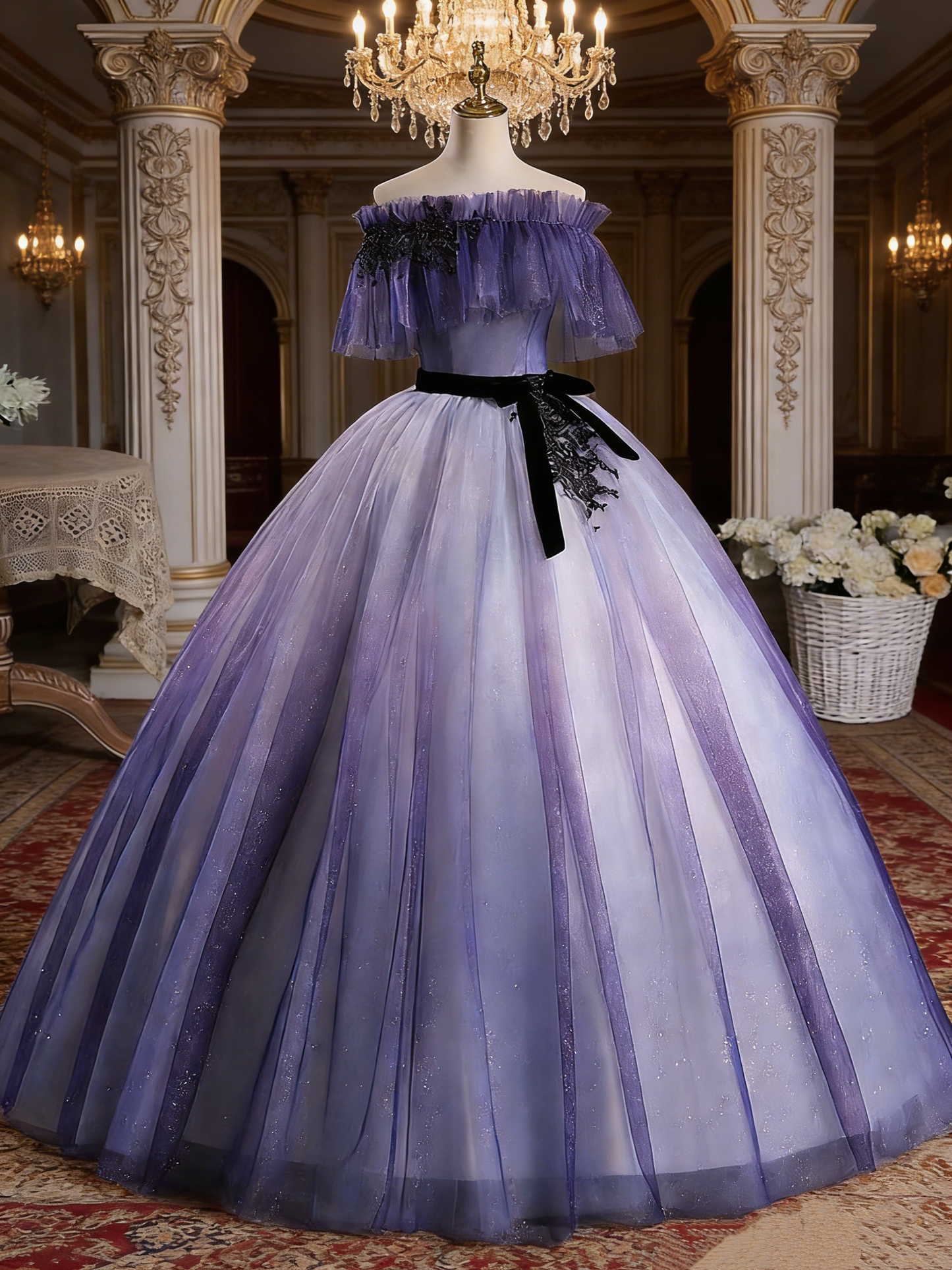 Purple-White Gradient Off-Shoulder Ball Gown - Princess Style Wedding/Coming-of-Age Dress NV6793