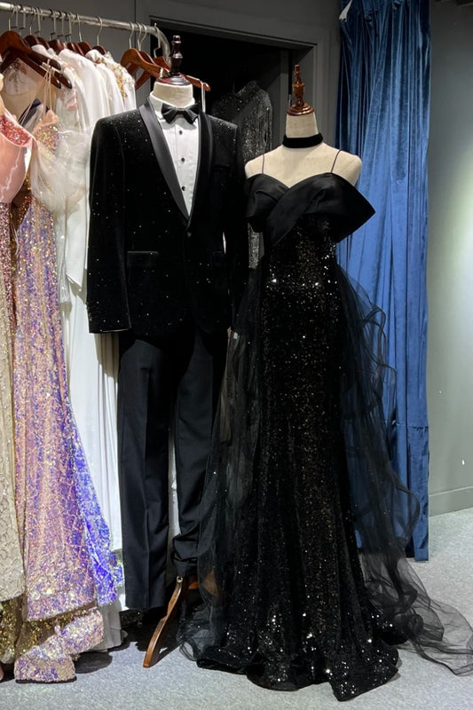 Black shiny long tulle ball dress NV6627