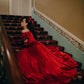 Beautiful elegant red off shoulder long satin A-line prom dress evening gown Christmas holiday party dress nv3066