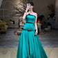 Fashion Contrast Color Style Strapless Sleeveless Gown | Peacock Blue Satin Black Trim Ballgown Maxi Dress for Gala Red Carpet High-End Party Business Social Event NV6274