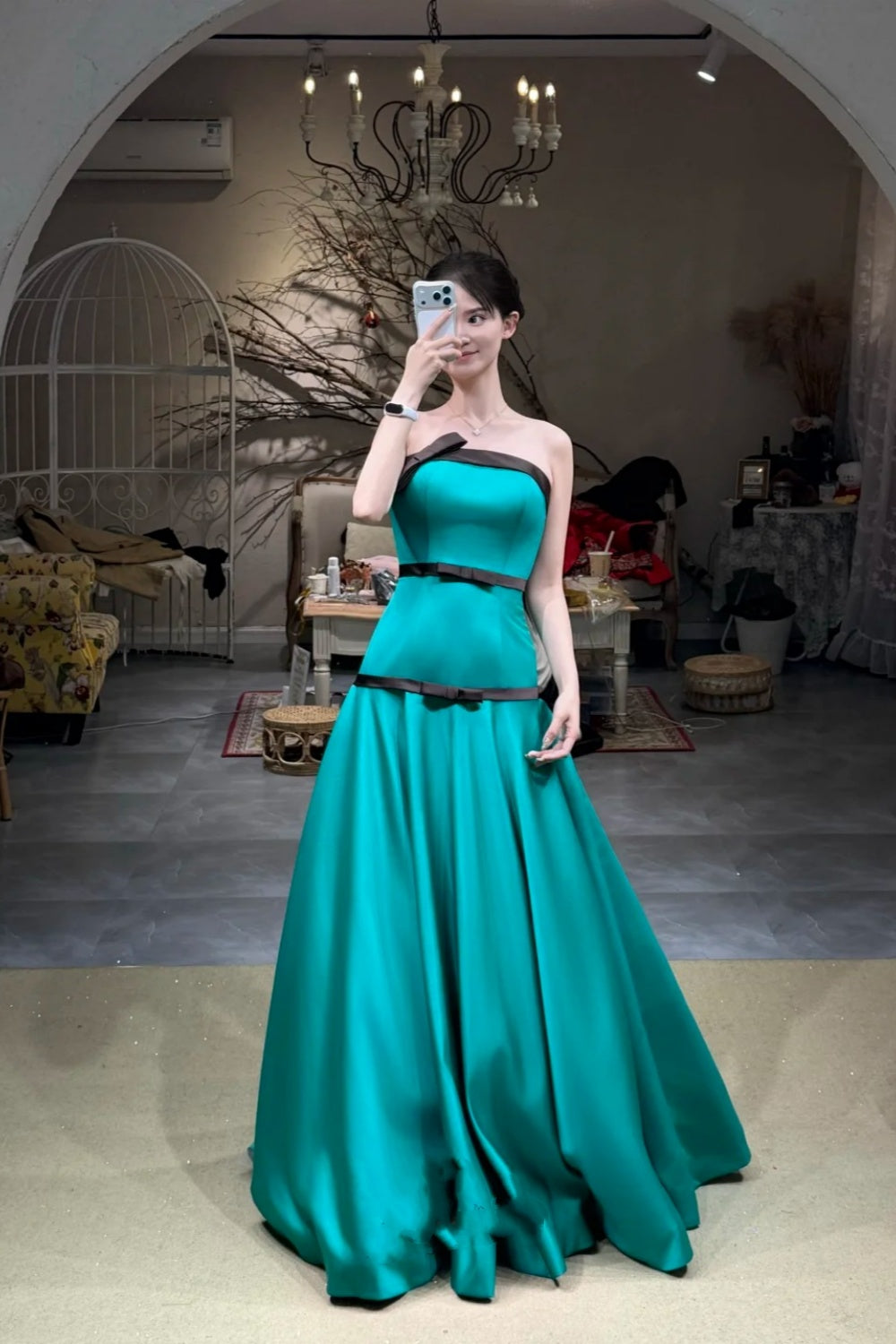 Fashion Contrast Color Style Strapless Sleeveless Gown | Peacock Blue Satin Black Trim Ballgown Maxi Dress for Gala Red Carpet High-End Party Business Social Event NV6274