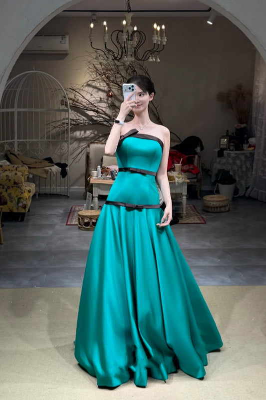Fashion Contrast Color Style Strapless Sleeveless Gown | Peacock Blue Satin Black Trim Ballgown Maxi Dress for Gala Red Carpet High-End Party Business Social Event NV6274