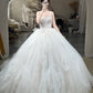 Dreamy Princess Style Strapless Sleeveless Wedding Gown | White Tulle 3D Flower Ballgown Train Maxi Dress for Wedding Bridal Engagement Luxury Dinner NV6275