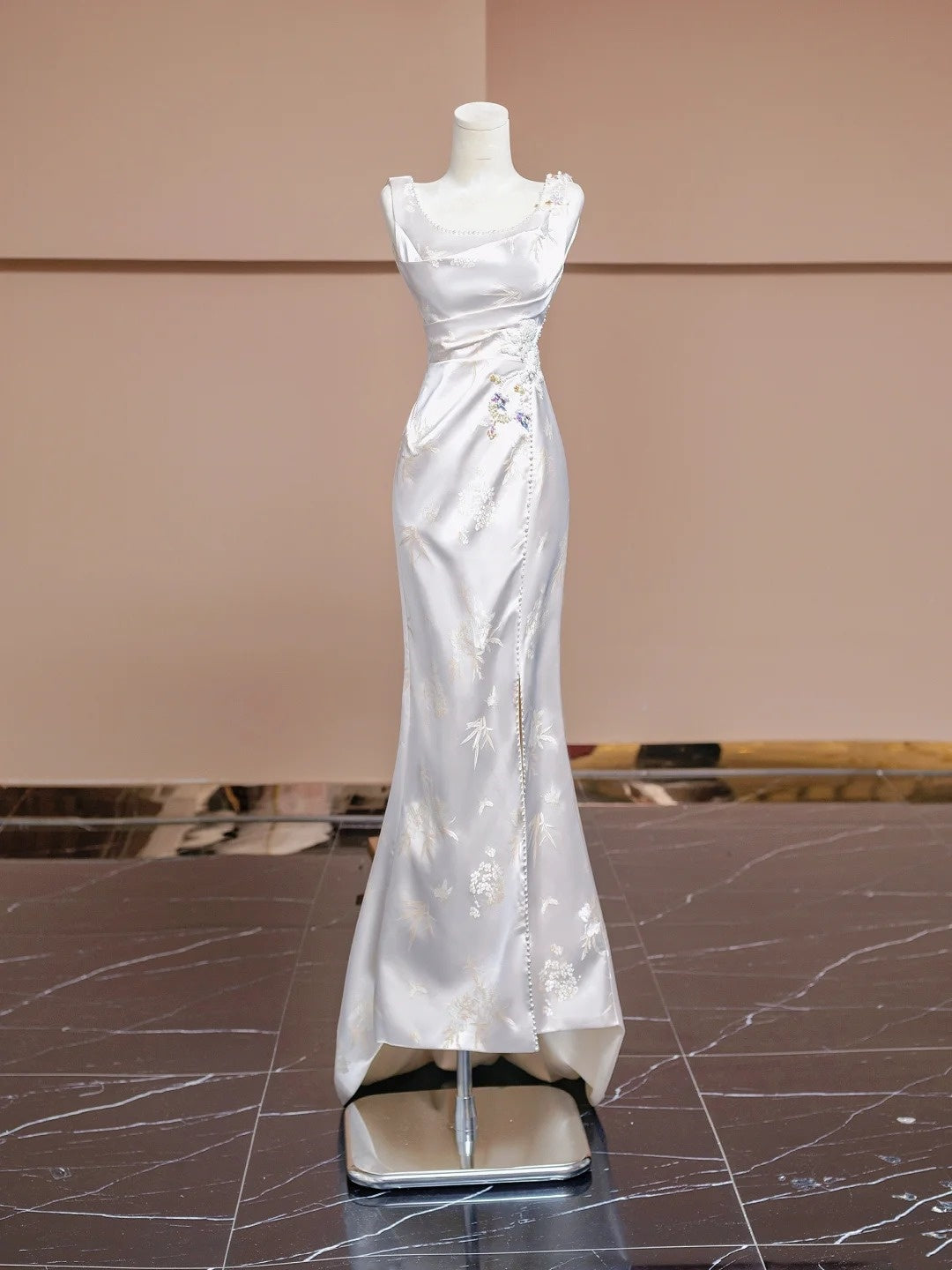 White floral elegant long satin party dress prom dress evening gown nv4542