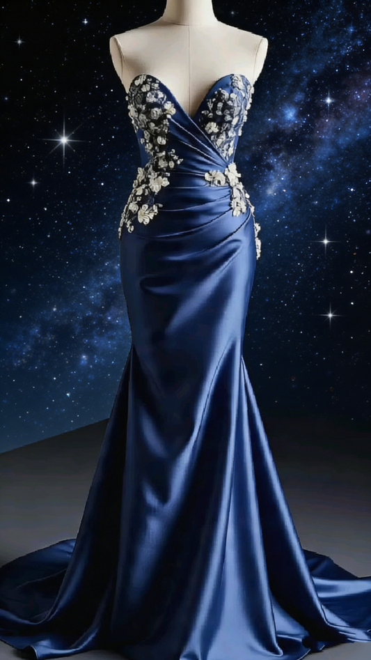 Deep Sea Blue Strapless Beaded Gown - Floral Knot Corset Mermaid Train Evening/Red Carpet/Date Maxi Dress NV6821