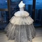 Silver Gray Strapless Princess Ball Gown Heavy Rhinestone Beading Tiered Glitter Tulle Feather Long Evening Gown  NV7005