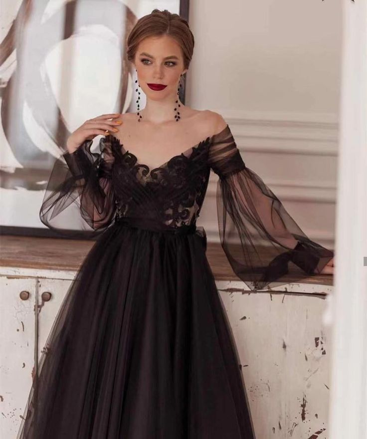 Black romantic ankle-length long sleeve tulle A-line applique long evening gown ball gown party dress nv2567