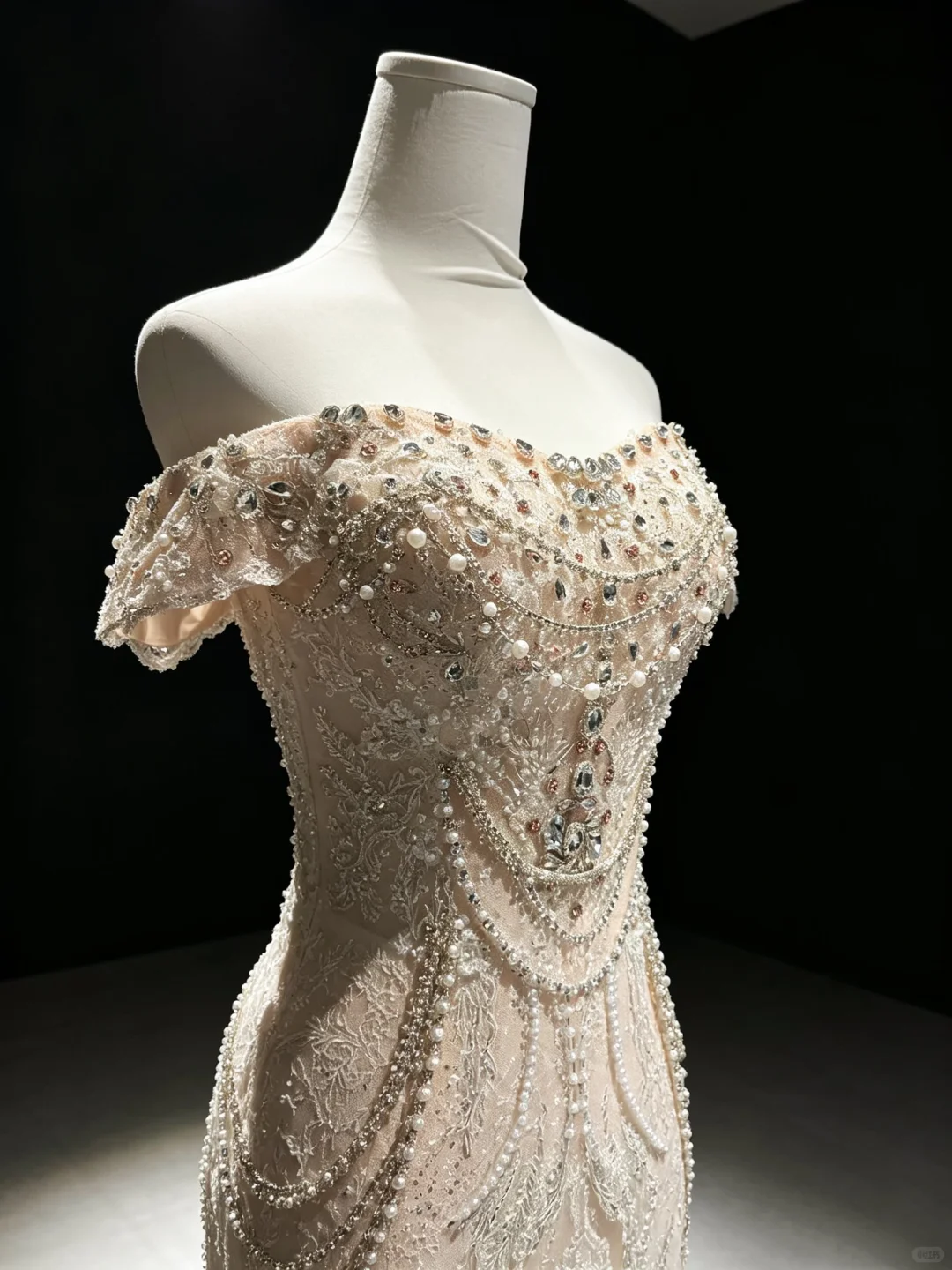 Champagne Off Shoulder Mermaid Dress Short Sleeve Hand Beaded Long Train Formal Prom Gown  NV6946