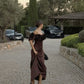 Brown Off Shoulder Slim Fit Long Satin Ball Gown Evening Dress Party Dress nv2276