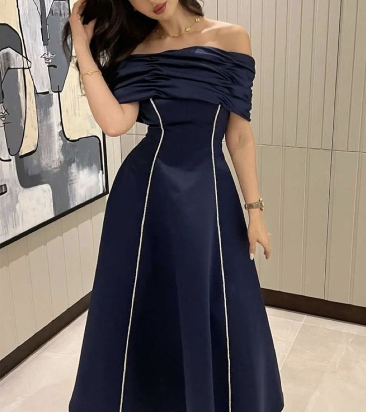 Blue simple elegant short-sleeved one-shoulder pleated long ball gown evening dress party dress nv2521