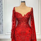 Red Luxurious Mermaid Prom Dresses Sheer Neck Lace Beaded Evening Formal Party Gowns Dress nv4