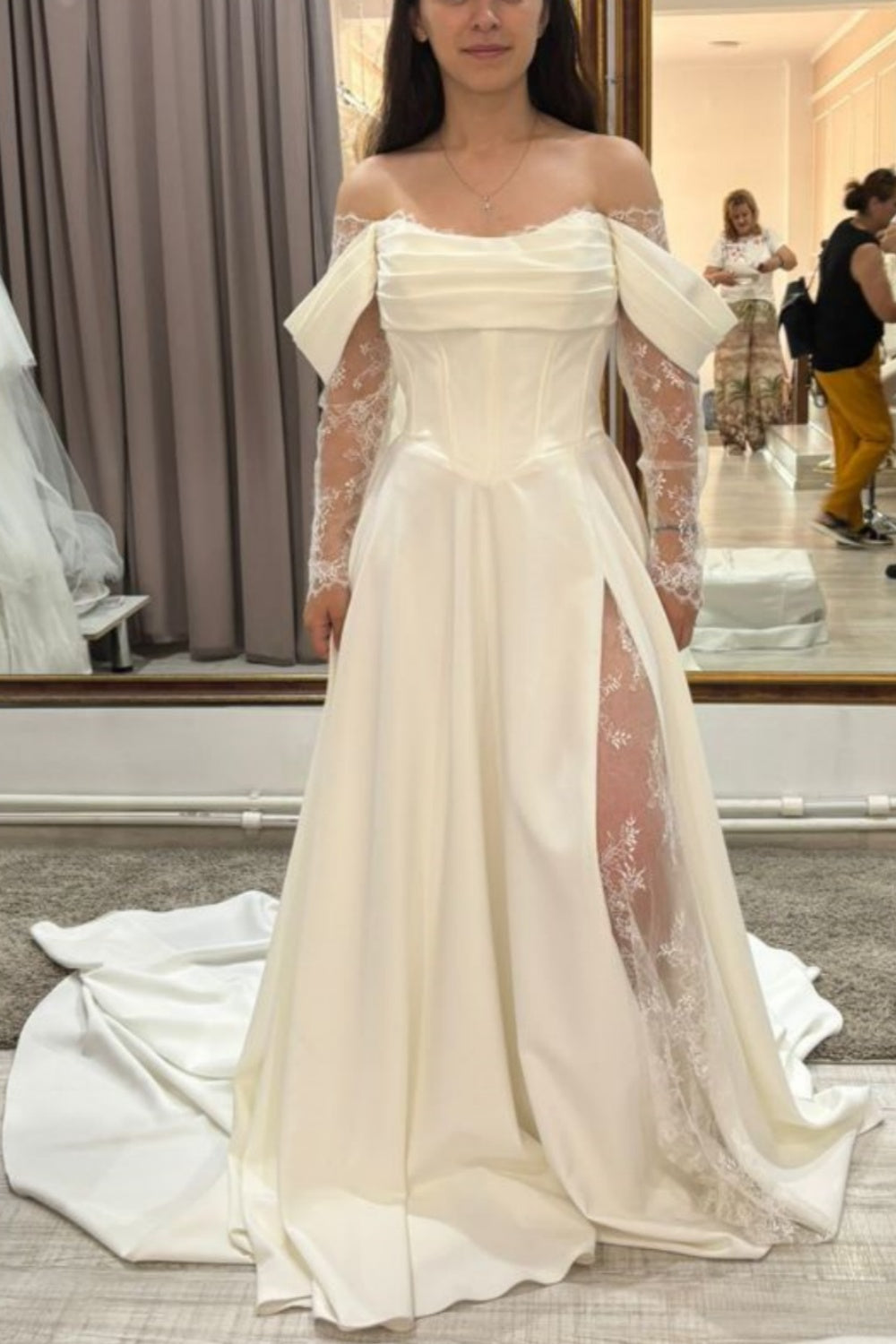 Cream Satin Off-the-Shoulder Lace Sleeve Slit Floor-Length Elegant Wedding Dress NV6232