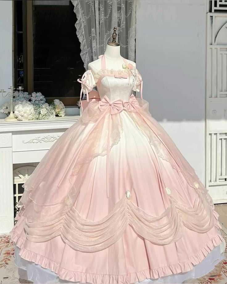 Pink/blue/Purple Sweet Bow Decoration Long Tulle Short Sleeve Ball Gown Evening Dress nv2983