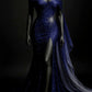 Royal blue shiny beaded tulle satin sexy slit long prom dress evening dress nv5121