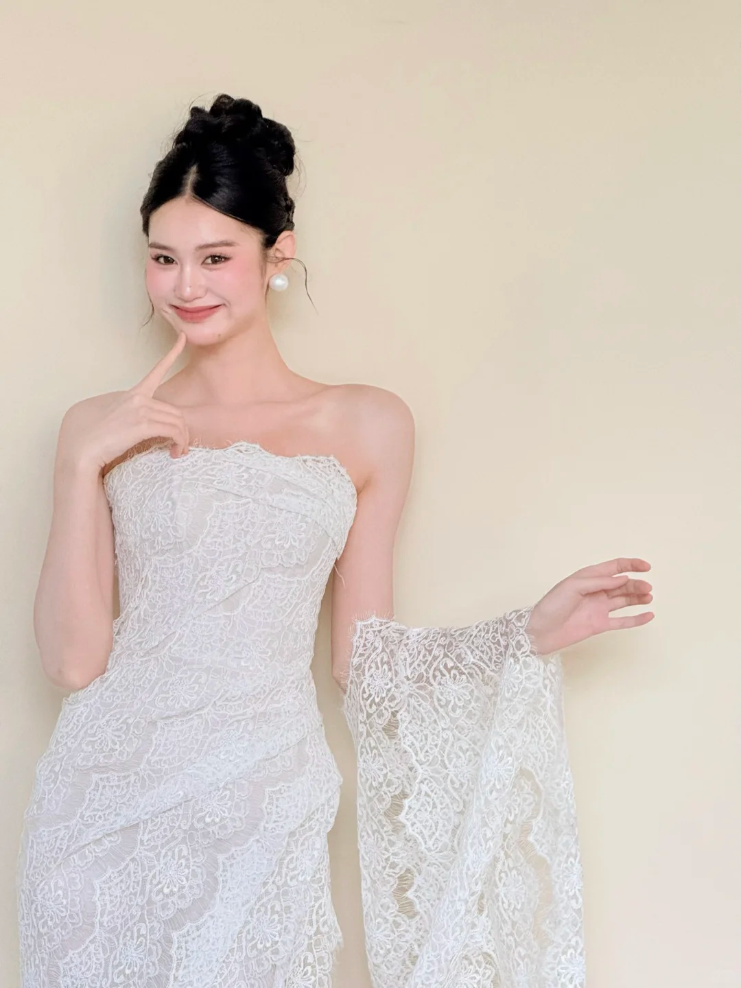 Strapless White Lace Mermaid Gown with High Slit & Ruffle Train  NV7415